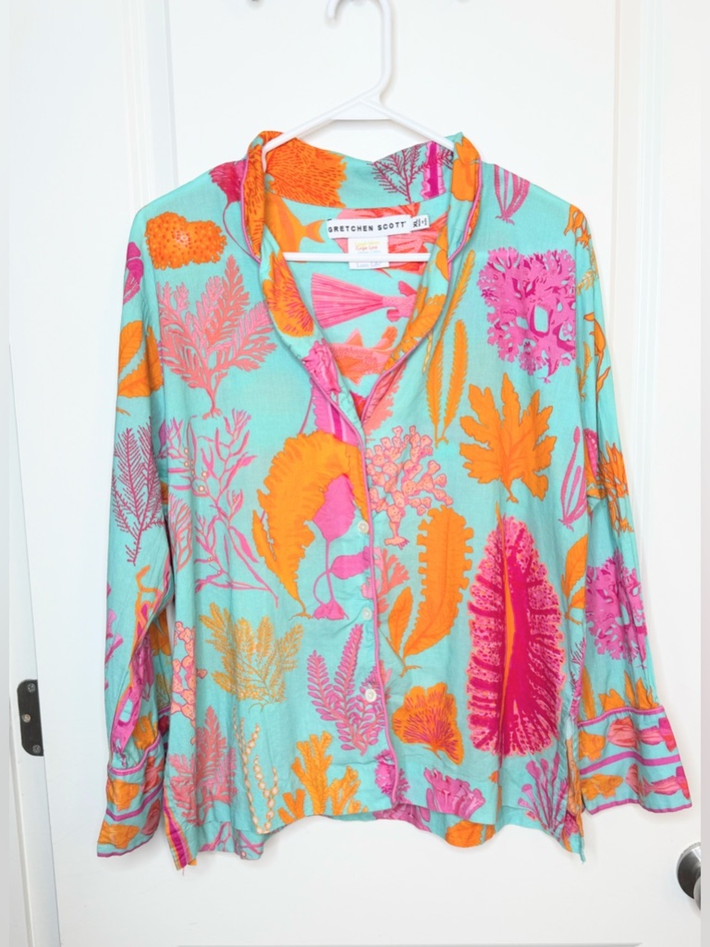 Gretchen Scott 2 Pc Set XL Aqua Pink Orange Coastal Print Top Pants Resort - Picture 3 of 11